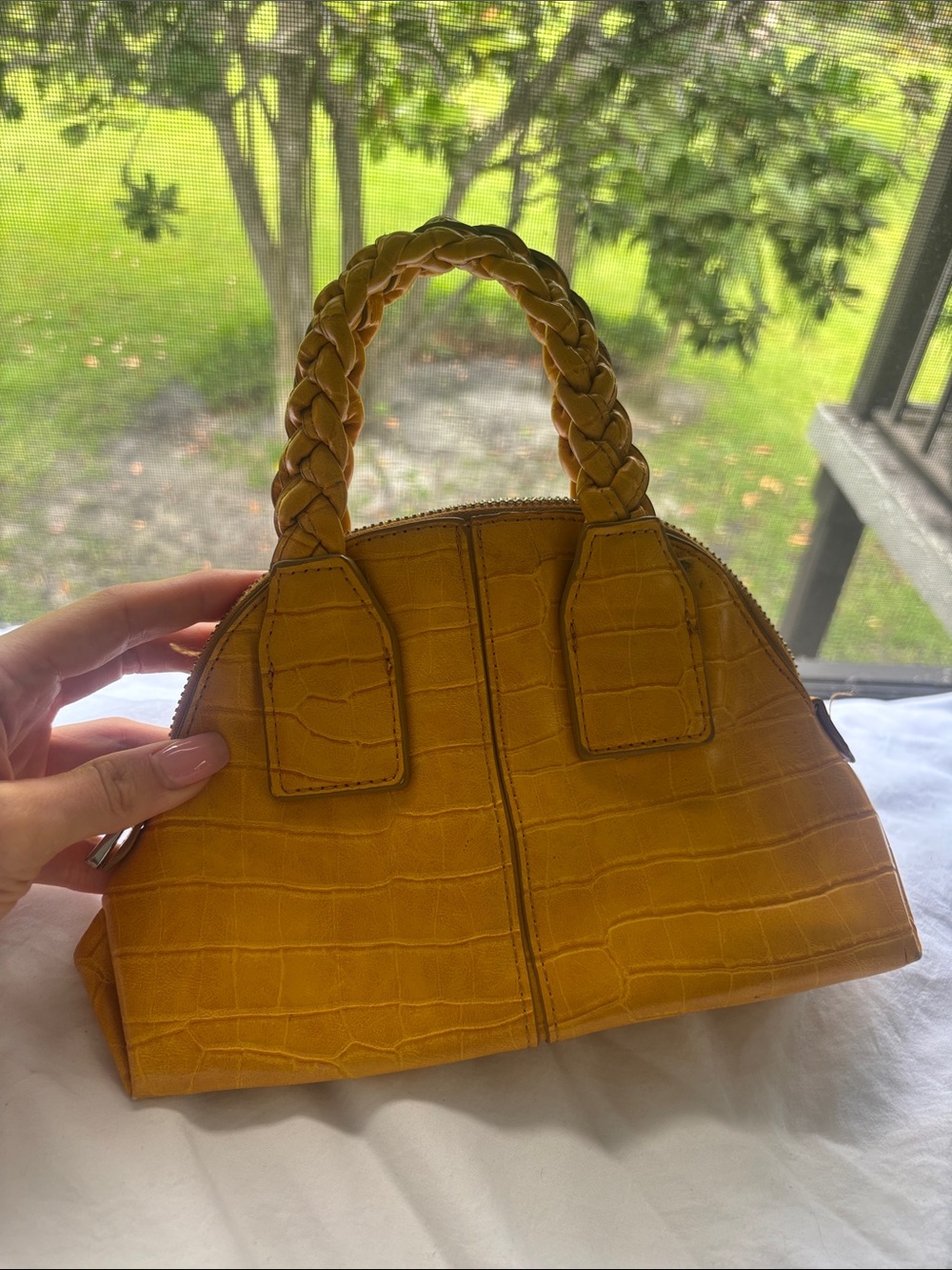 Zara Croc-Embossed Mini Top-Handle Bag in Mustard Yellow